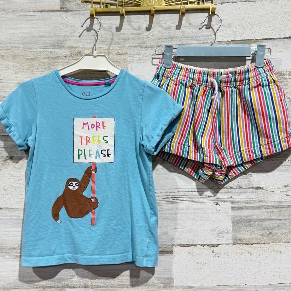 Boden Shirt and Shorts Set Girls 9-10 Blue Rainbow Sloth Graphic Summer EUC